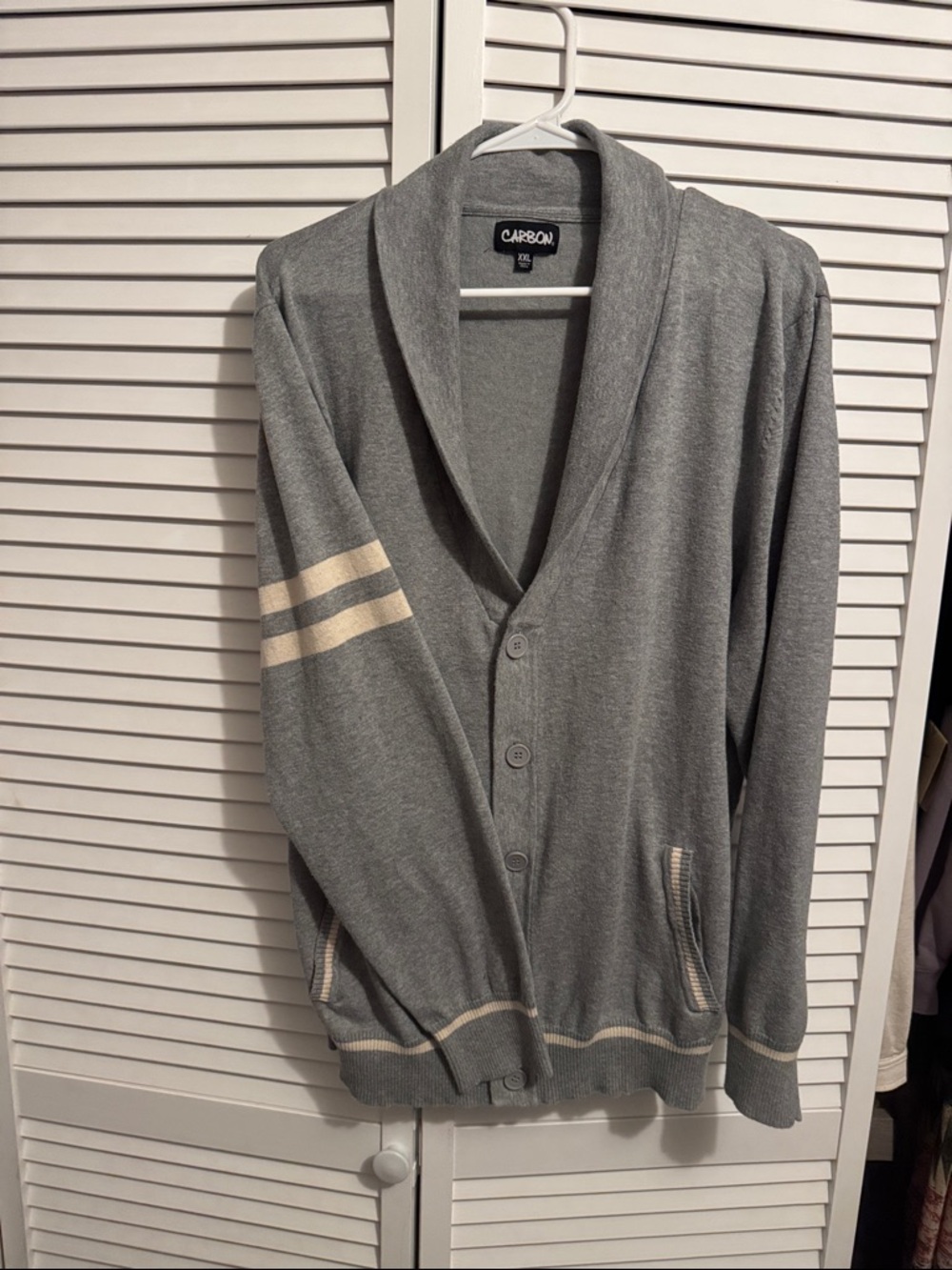 Carbon Men’s Gray Shawl Cardigan with Cream Stripe Accents